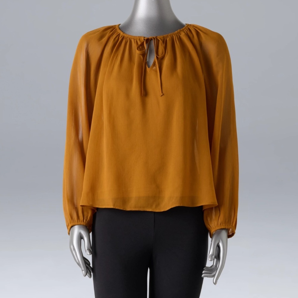 Simply Vera Burnt Orange Tie Neck Balloon‎ Sleeve Shirred Blouse, Size Medium
